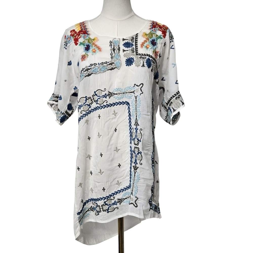 Johnny‎ Was Blouse Womens Small White Floral Embroidered Boho Peasant Tunic Top